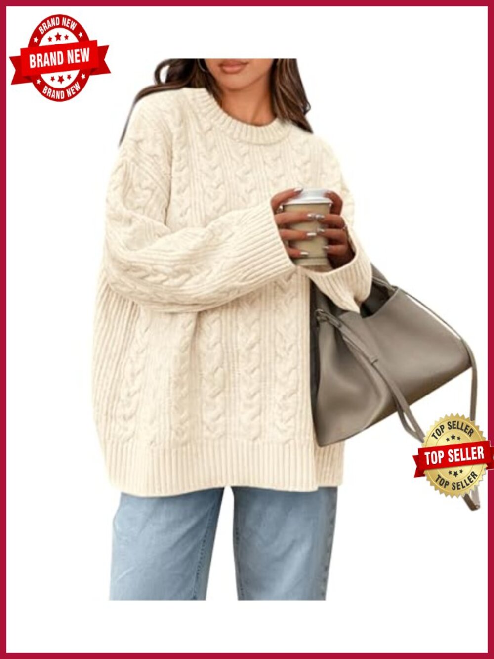 Women's Oversized Cable Knit Crewneck Sweater Pullover Long Sleeve